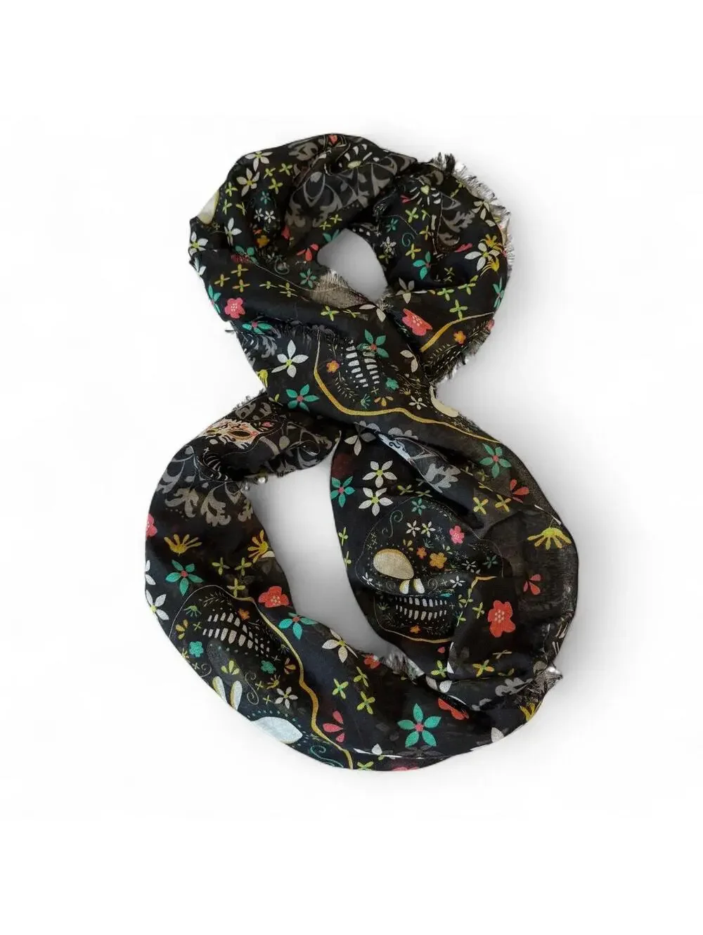 Day of the Dead Sugar Skull Cat Infinity Scarf Black Floral